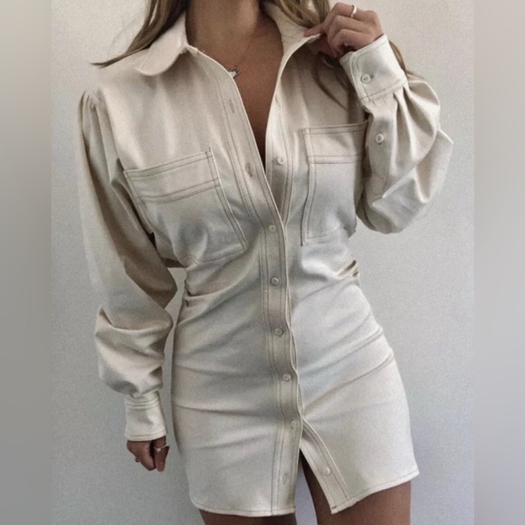 Zara Dresses & Skirts - Zara long sleeve mini ivory cream ecru denim shirt dress with ruched detail. S